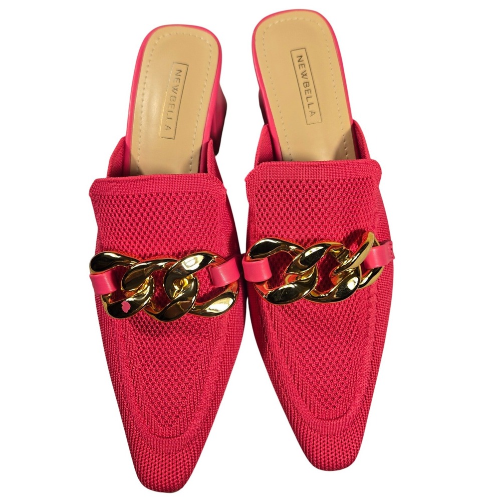 Newbella Hot Pink Knit Mules Gold Chain Link Pointed Toe Block Heel Slides 6.5